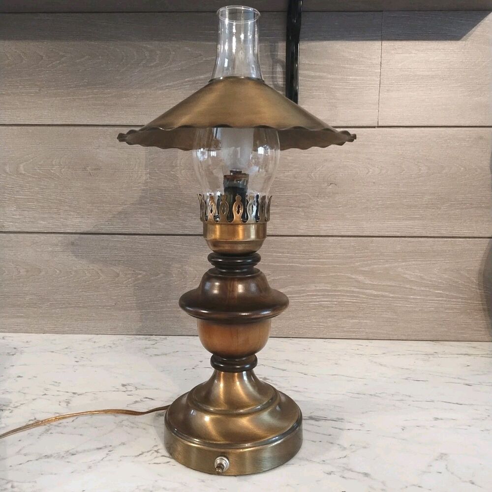 Vintage Hurricane Electric Lamp Wood & Brass Color With Chimney & Shade Works